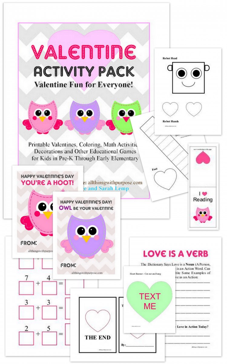 Free Printable Valentine Activity Pack: math, writing, Valentine cards, robot coloring, lots more!