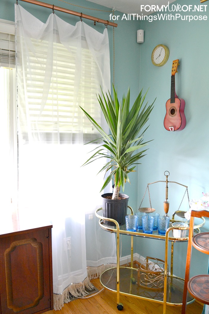 styled bar cart sheer accented curtains