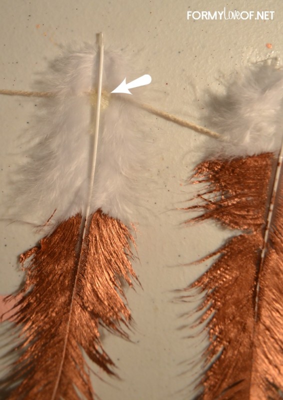 dollop of hot glue onto string and press feather into the glue