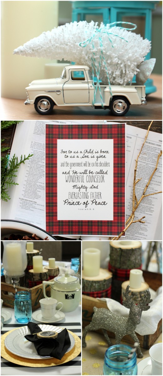 White bottle brush tree on a truck, plaid printable and cut wood centerpieces