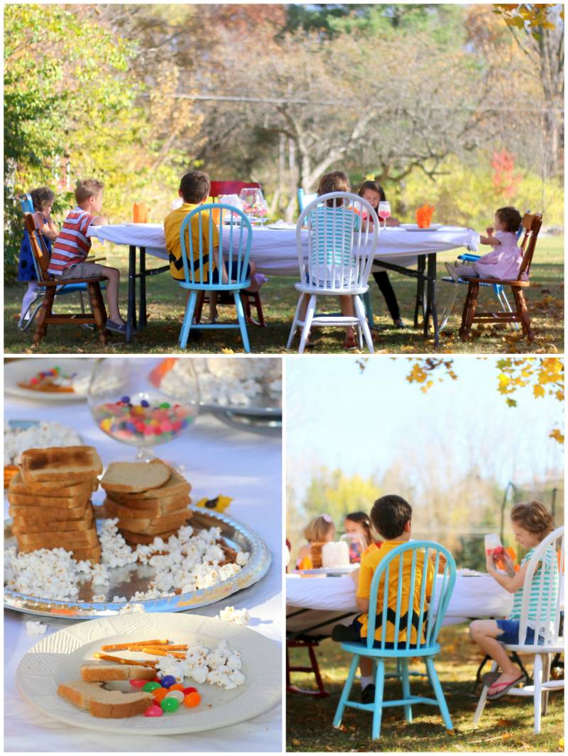 Charlie Brown Thanksgiving scene! Reenacted with kids, popcorn, pretzel sticks and jelly beans. #peanuts