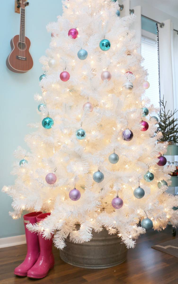 white Christmas tree and galvanized metal base