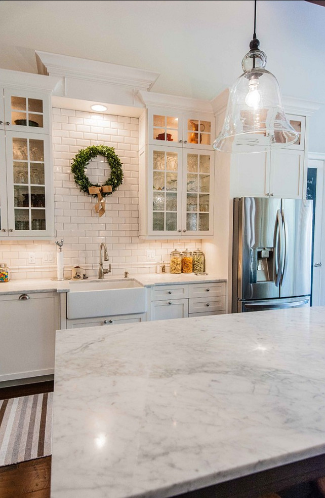 subway tile kitchen - marble counter